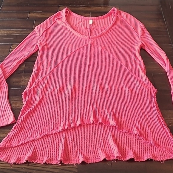 Free People Sunset Park coral v-neck tunic length waffle knit thermal top size S - Picture 3 of 16